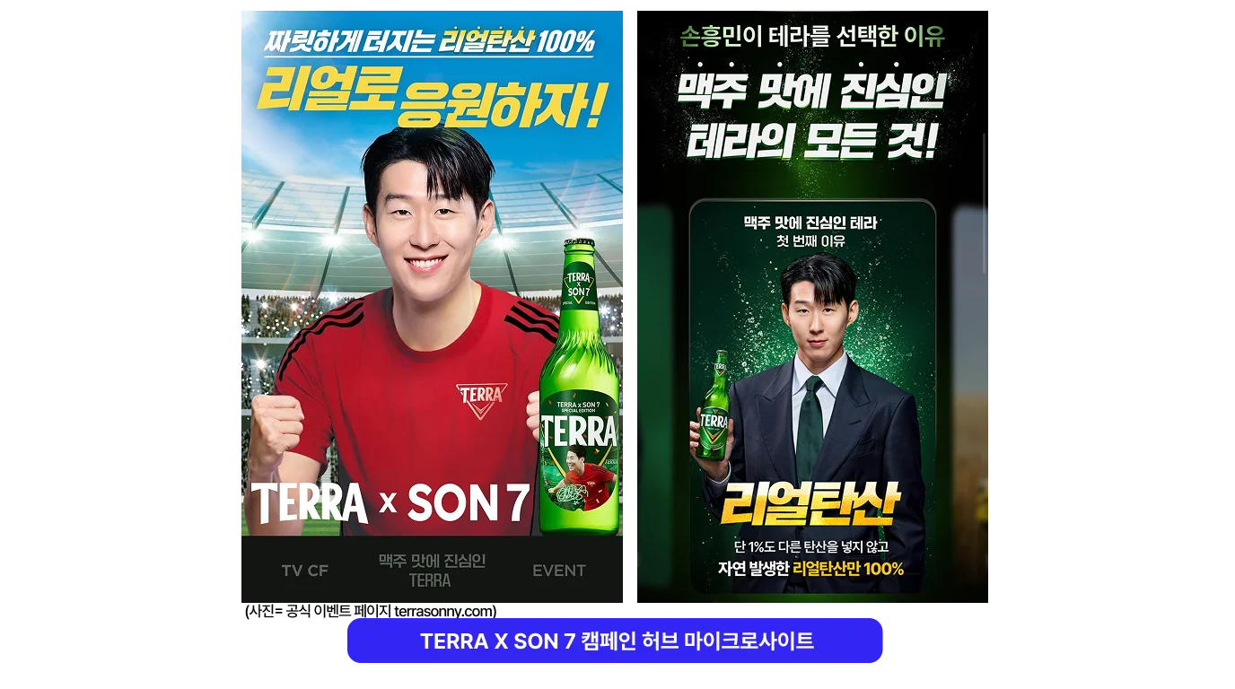 하이트진로 테라의 손흥민 에디션 마케팅 전략에 관한 디지털 광고대행사 위에이알의 아티클 표지: 캠페인허브 사이트 썸네일과 제목이 등장한다