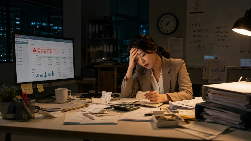 기존 ERP 시스템의 연동 한계와 복잡한 수작업 세무 처리로 인해 야근하며 스트레스를 받는 중소기업 담당자의 모습