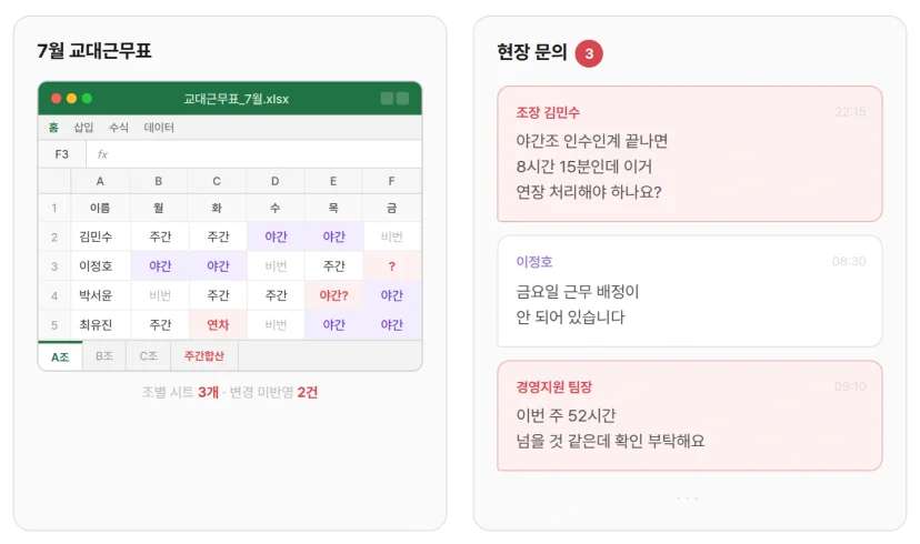 교대근무 엑셀 근무표에 미반영 변경 사항이 쌓이고 현장 문의가 들어오는 상황