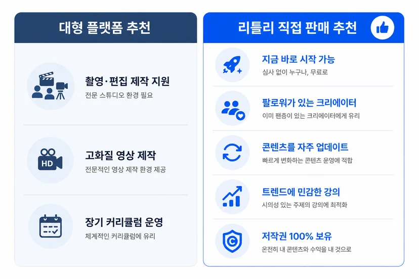 온라인 강의 유형별 판매 플랫폼 선택 가이드 — 대형 플랫폼 vs 리틀리 직접 판매 비교