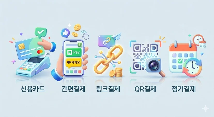 신용카드, 간편결제, 링크결제, QR결제, 정기결제 등 5가지의 다양한 결제 수단을 나타내는 다채로운 3D 아이콘과 한국어 라벨이 한 줄로 배열된 인포그래픽