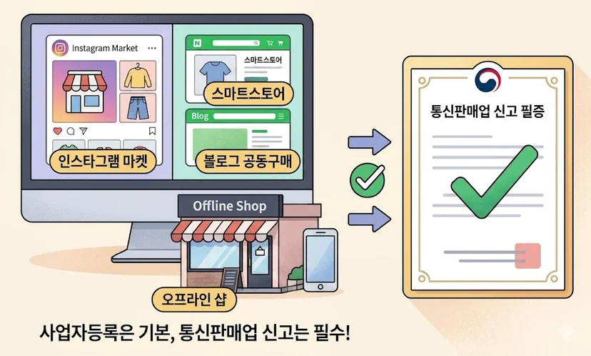 온라인 판매 및 통신판매업 신고에 관한 전자상거래법 인포그래픽. 데스크톱 컴퓨터에는 인스타그램 마켓, 스마트스토어, 블로그 공동구매가 표시되고, 오른쪽에는 '통신판매업 신고 필증' 문서와 큰 체크 표시가 함께 표시