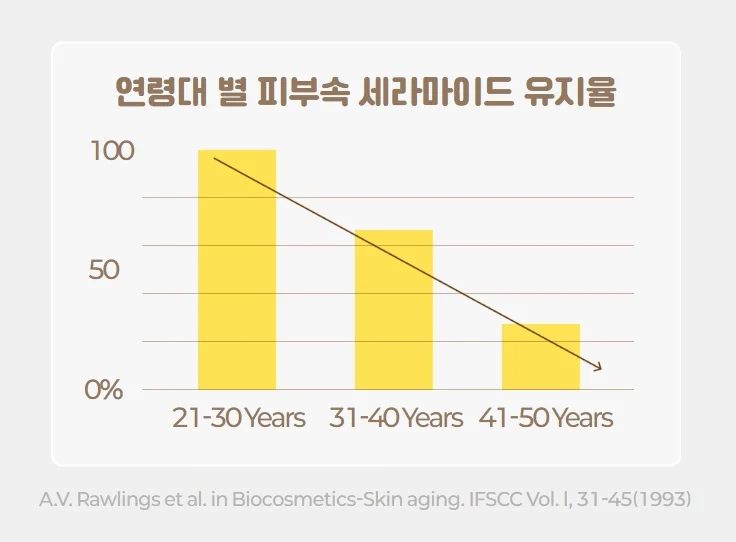 연령대별 피부 속 세라마이드 유지율 감소 그래프