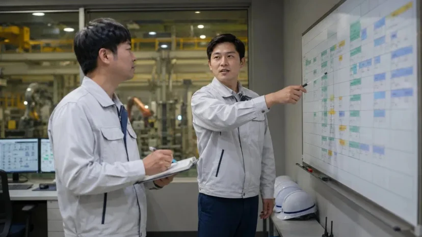 제조 현장 관제실에서 교대근무표를 보며 인수인계하는 두 명의 근무자