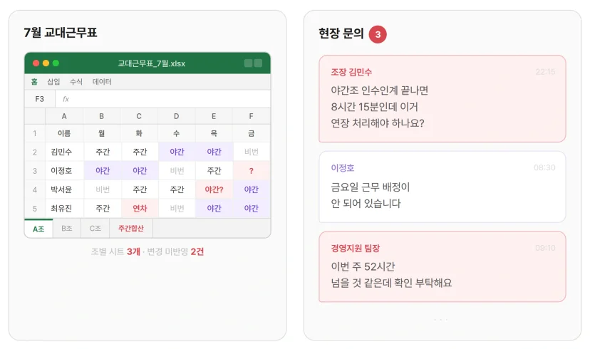 교대근무 엑셀 근무표에 미반영 변경 사항이 쌓이고 현장 문의가 들어오는 상황