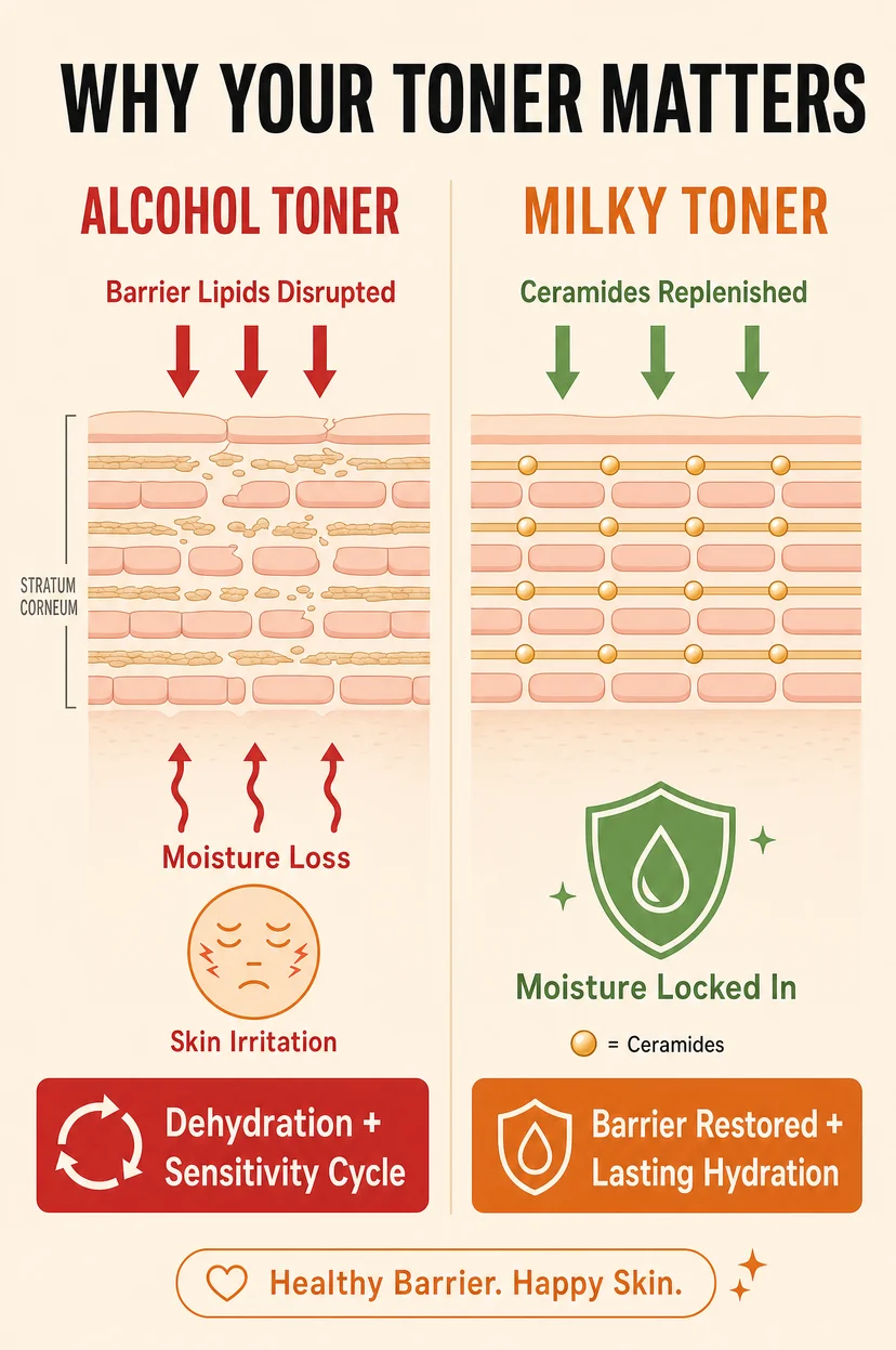 Infographic titled "Why Your Toner Matters" comparing alcohol toner and milky toner effects on the stratum corneum — alcohol toner disrupts barrier lipids causing moisture loss and skin irritation, while milky toner replenishes ceramides to lock in moisture and restore the skin barrier