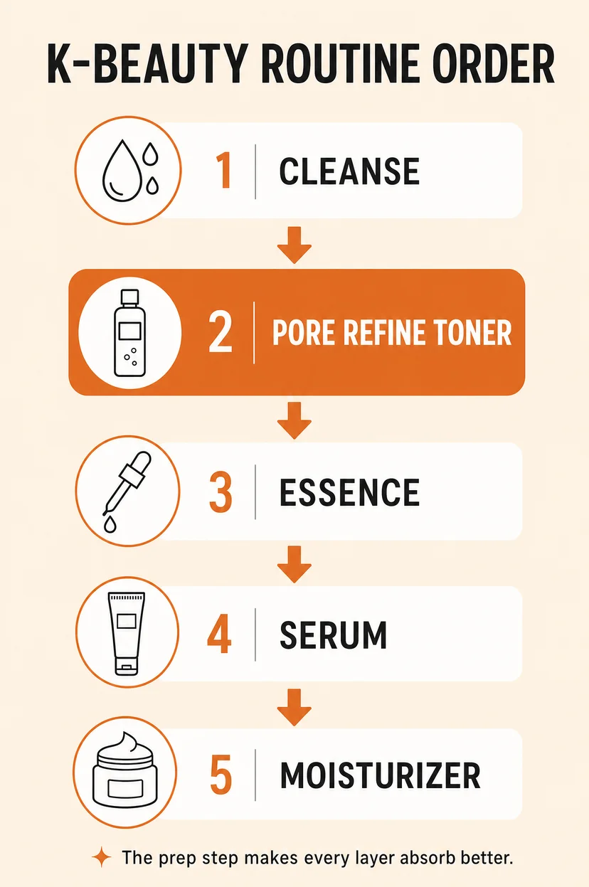 Infographic titled "K-Beauty Routine Order" showing a 5-step skincare sequence — Step 1 Cleanse, Step 2 Pore Refine Toner (highlighted in orange), Step 3 Essence, Step 4 Serum, Step 5 Moisturizer — with the note "The prep step makes every layer absorb better"