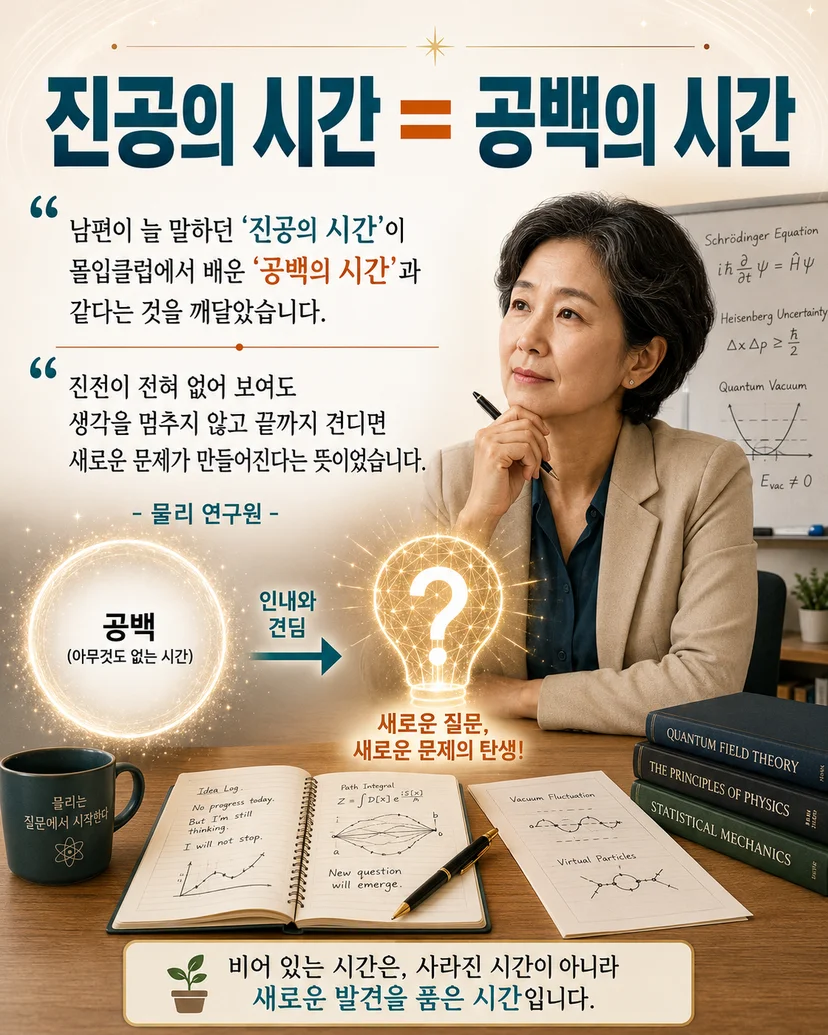 50대 여성 물리 연구원이 ‘진공의 시간 = 공백의 시간’이라는 깨달음을 통해, 공백 속에서 새로운 질문이 탄생하는 과정을 보여주는 인포그래픽