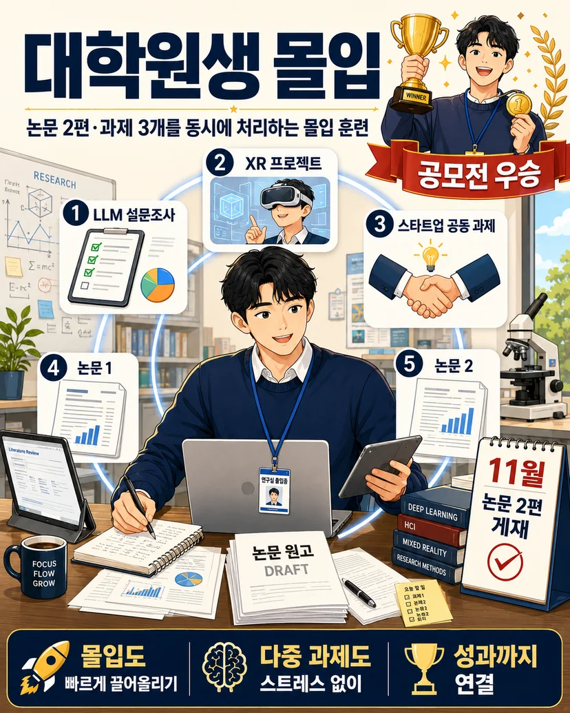 여러 연구 과제와 논문 작업을 동시에 수행하면서 공모전 우승까지 이뤄낸 20대 남성 대학원생의 몰입 과정을 보여주는 인포그래픽