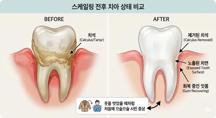 스케일링 전후 치아상태 비교
