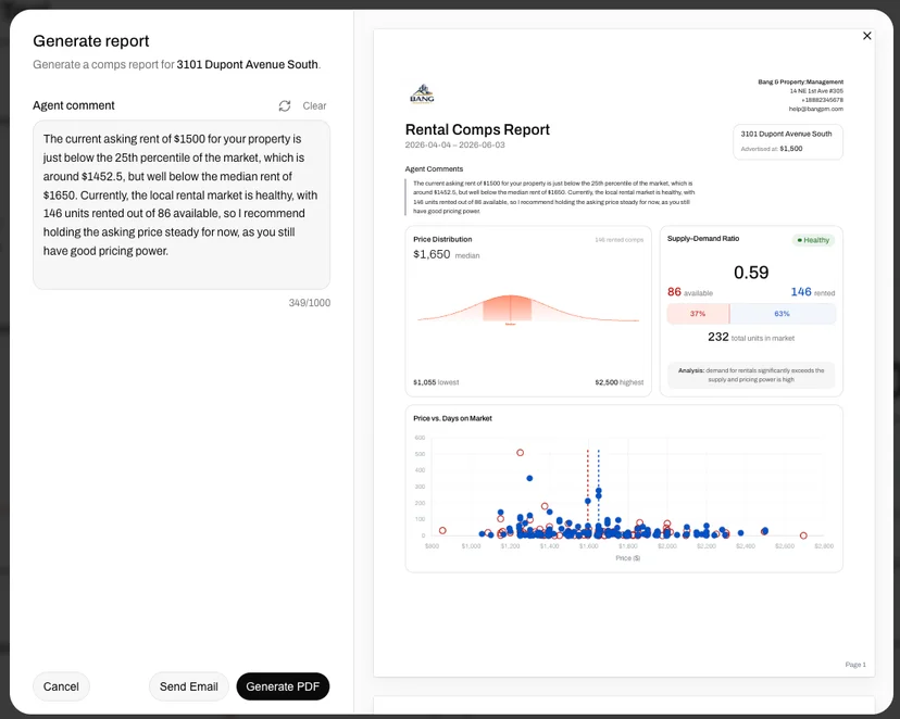 A finished owner report carries your logo, the comp set behind the analysis, and your market commentary — ready to send in one click. 