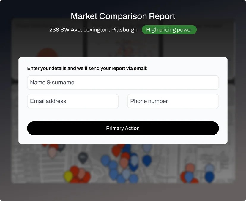 The website widget collects a prospect's property and contact details, then runs the report in the background for your team to review and send.