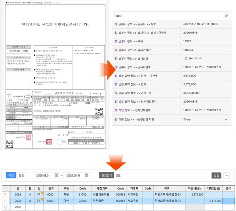 납부고지서 원본에서 납세자 정보와 납부금액을 추출해 ERP에 적재한 화면