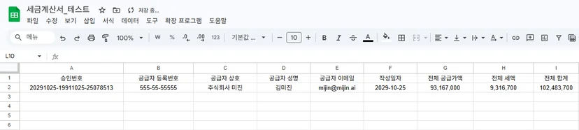 [3단계] 세금계산서 마스터 정보를 Google Sheets에 적재한 예시
