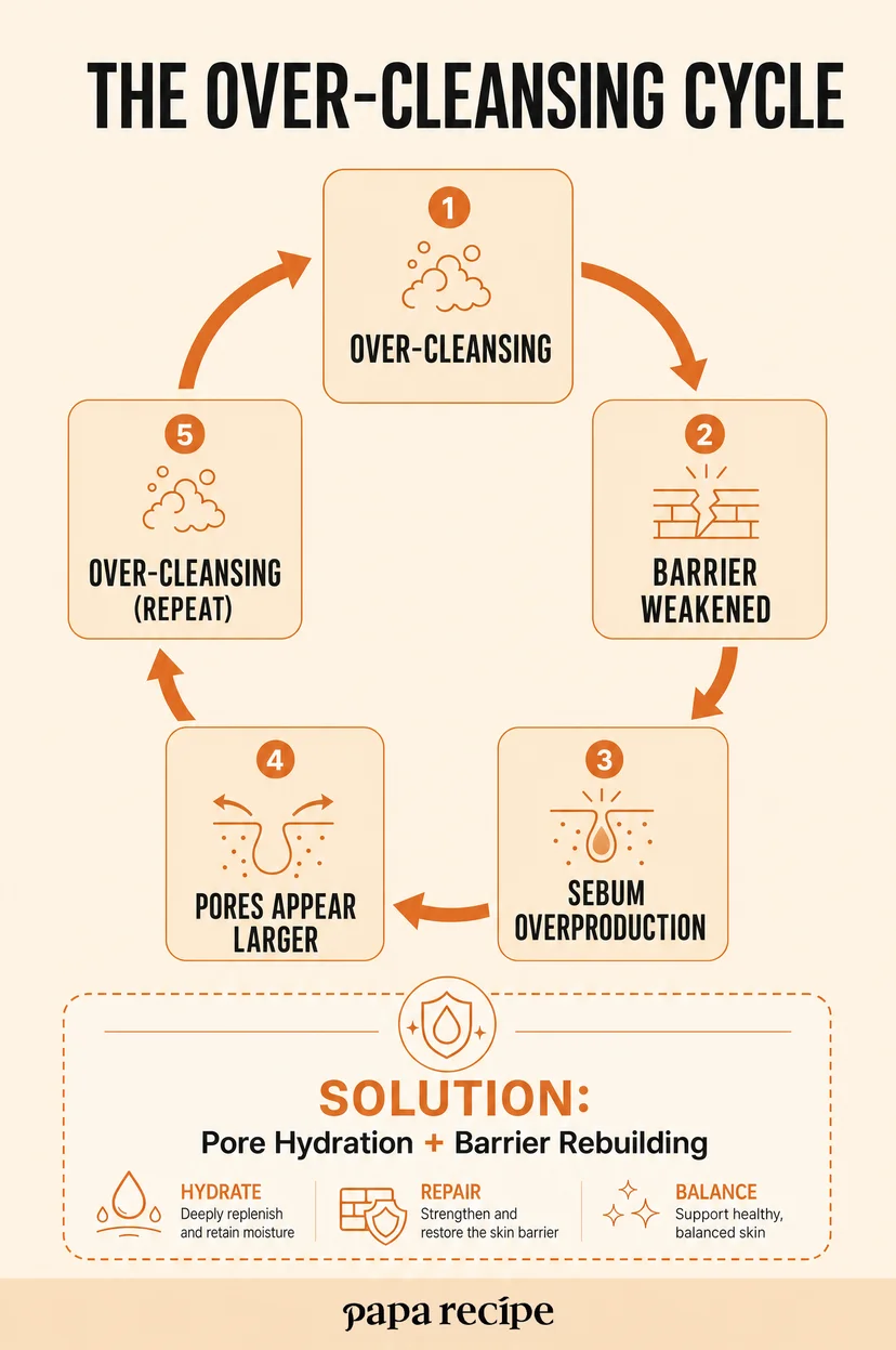 Papa Recipe infographic titled "The Over-Cleansing Cycle" showing a 5-stage cycle: over-cleansing leads to barrier weakened, then sebum overproduction, then pores appear larger, repeating back to over-cleansing — with a solution section below recommending pore hydration and barrier rebuilding through hydrate, repair, and balance