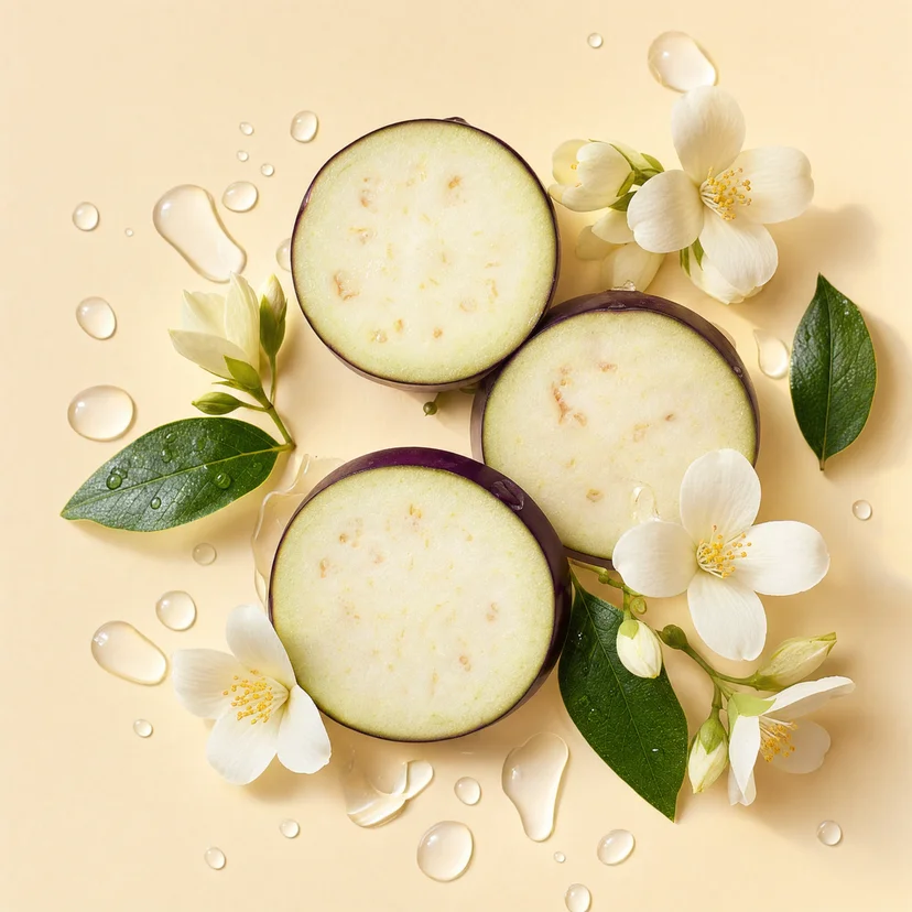 Flatlay of three cross-sectioned eggplant rounds and white jasmine flowers with green leaves, surrounded by scattered clear toner droplets on a cream background