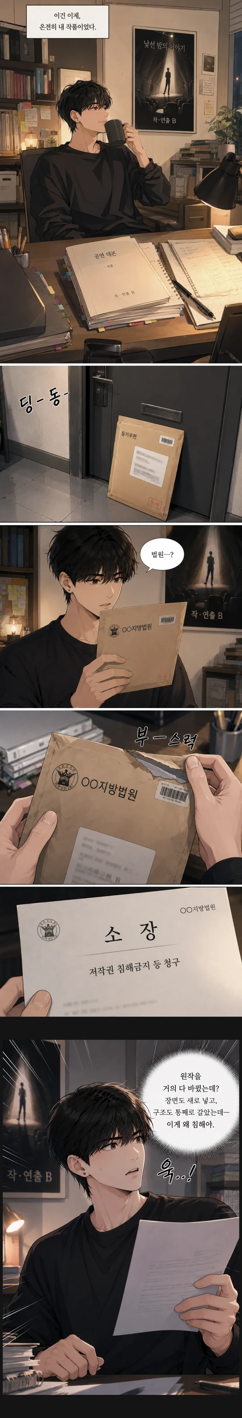 2차 창작 저작권 침해 소장을 받고 놀라는 각색자 웹툰 장면