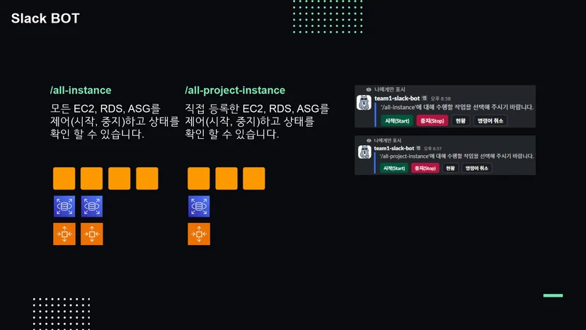 AWSome 프로젝트 Slack Bot all-instance 명령어 실행 화면