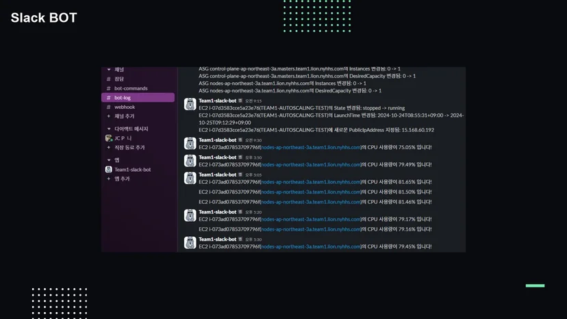 AWSome 프로젝트 Slack Bot all-project-instance 명령어 실행 화면