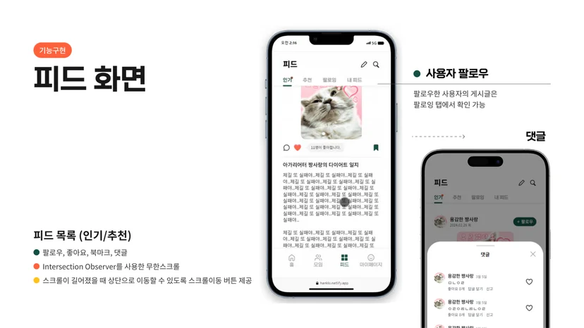 도시락 피드 화면 — 인기·추천 피드 목록 및 사용자 팔로우