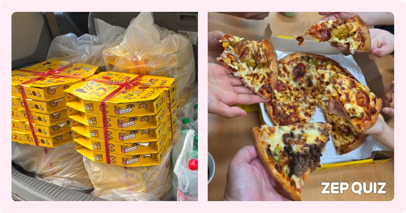 의정부송산초등학교 선생님들이 젭 퀴즈 스승의 날 이벤트로 받은 피자를 함께 들고 있는 모습