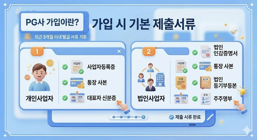 개인사업자와 법인사업자로 나누어 필수 서류를 체크리스트 형식으로 보여주는 인포그래픽 이미지