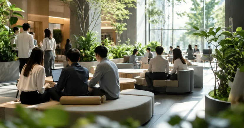 식물이 가득한 기업 로비 플랜테리어 공간에서 직원들이 자유롭게 대화를 나누고 협업하는 모습. 대형 관엽식물과 자연 채광을 활용한 바이오필릭 디자인으로 소통과 체류 경험을 높인 오피스 실내조경 사례