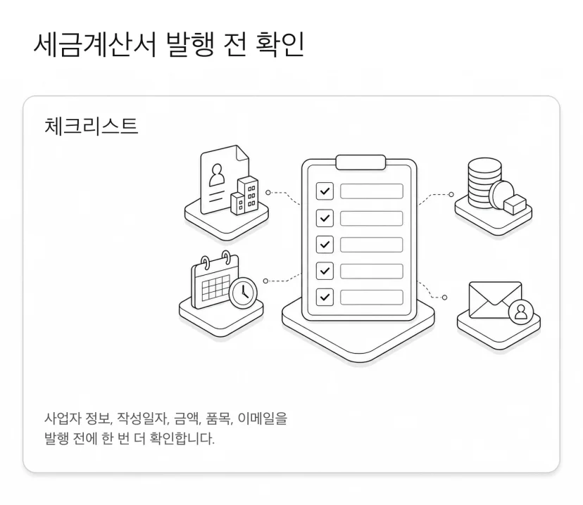 세금계산서 발행 전 사업자 정보, 작성일자, 금액, 품목, 이메일을 확인하는 체크리스트 이미지