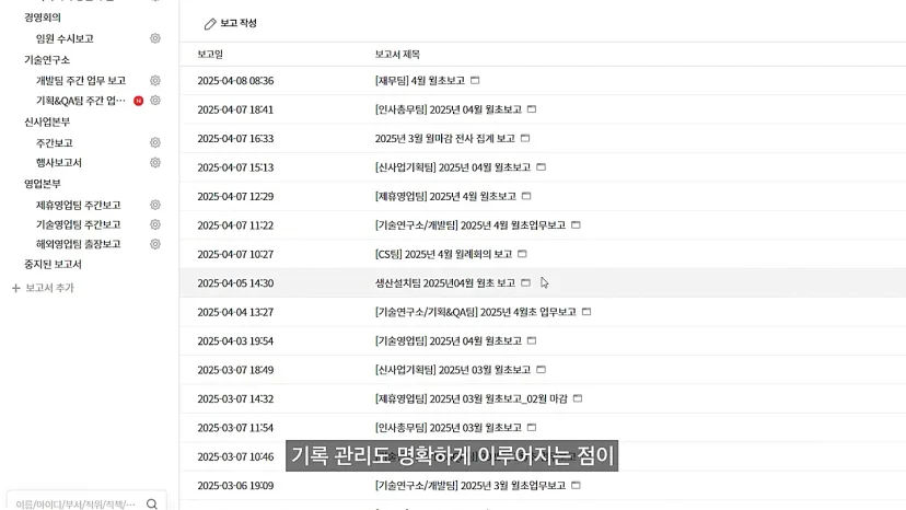 다우오피스 보고 기능 부서별 보고서 목록 화면