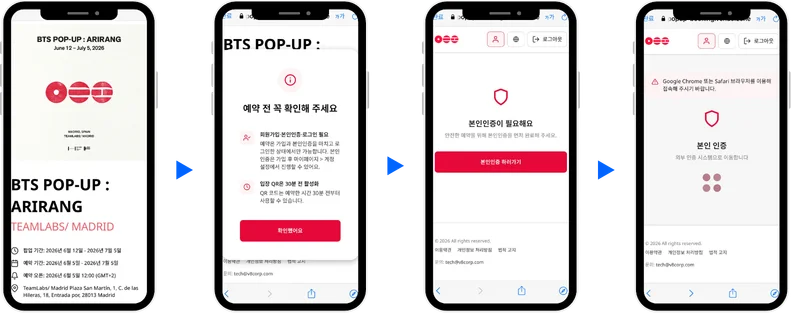 예약 서비스에서 본인 인증을 시작하고 국적을 선택하는 사용자 인증 프로세스