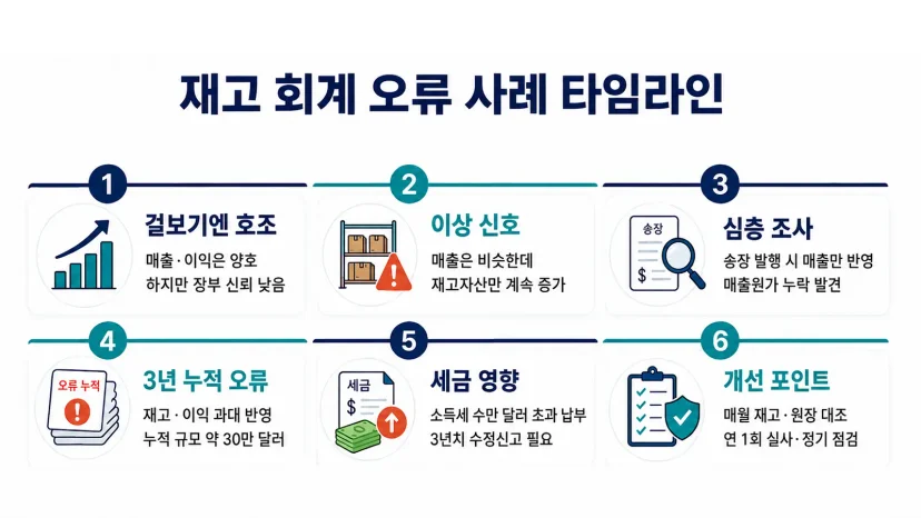매출 성과 뒤에 누적되는 재고 자산 과대 반영 및 세금 초과 납부 리스크와 이를 해결하기 위한 정기 점검 포인트를 정리한 재고 회계 오류 사례 타임라인 인포그래픽