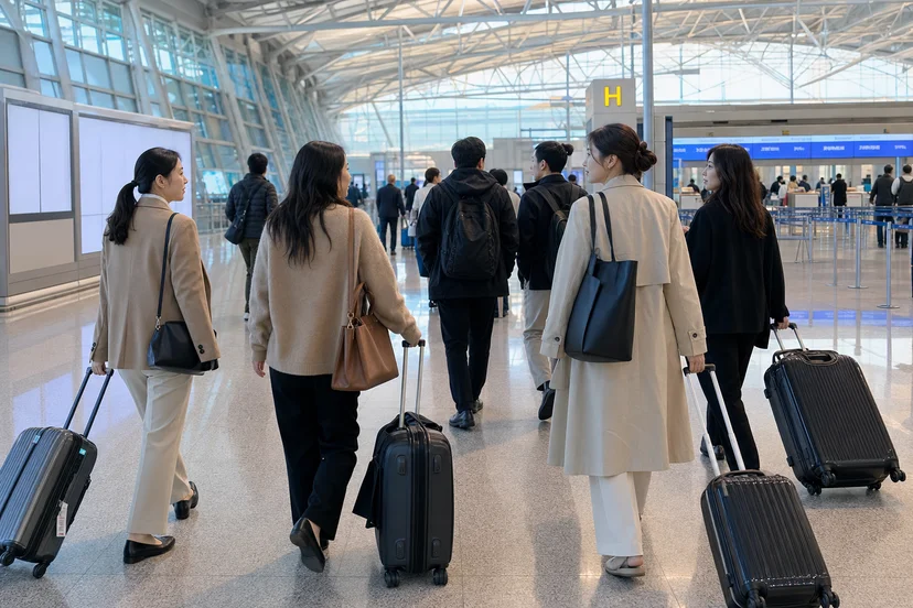 공항 출국장에서 캐리어를 끌고 탑승 게이트로 향하는 앳홈 구성원들