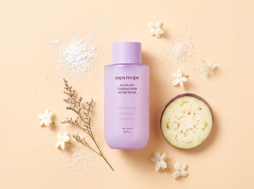 Papa Recipe Eggplant Clearing Pore Refine Toner 150ml bottle upright on a peach background, surrounded by a halved eggplant, white jasmine flowers, scattered white powder, and a dried grass stem