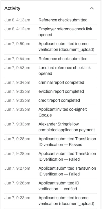 Reference checks and co-applicant follow-ups now appear in the application activity log