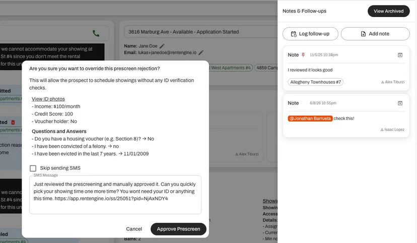 The Notes & Follow-ups drawer now opens next to the prescreening review.