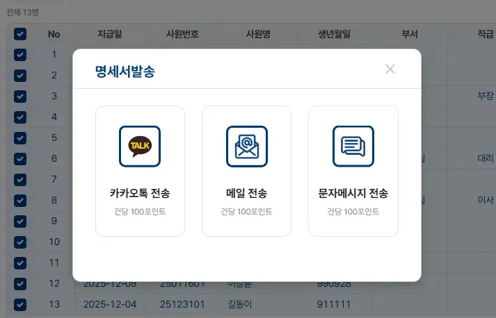임금명세서 교부 의무화에 맞춰 카카오톡, 이메일, 문자메시지 중 원하는 방식으로 직원들에게 급여명세서를 일괄 전송하는 명세서발송 팝업창