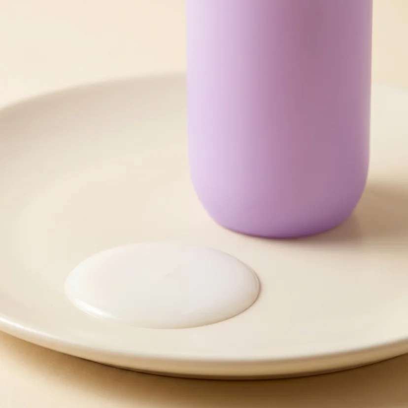 Papa Recipe Eggplant Clearing Pore Refine Toner 150ml bottle standing on a cream ceramic dish with a milky white toner swatch pooled beside it, against a warm beige background