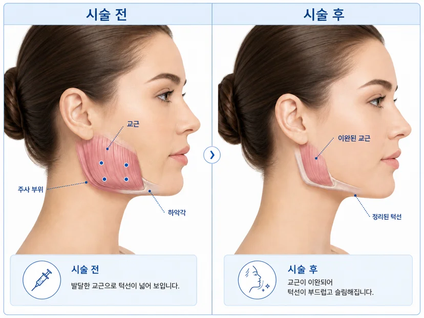 한글 라벨링이 포함된 사각턱 교근 보톡스 시술 전후 비교 해부학 인포그래픽