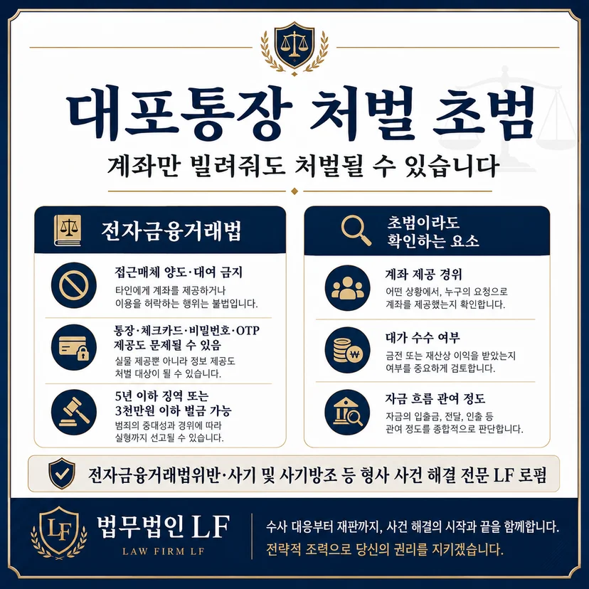 대포통장 처벌 초범 사건에 적용될 수 있는 법 조항