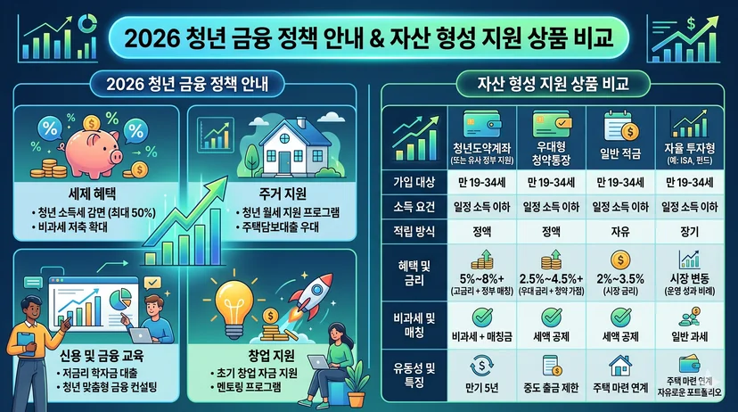 2026년 청년 금융 정책 안내 및 자산 형성 지원 상품 비교 인포그래픽