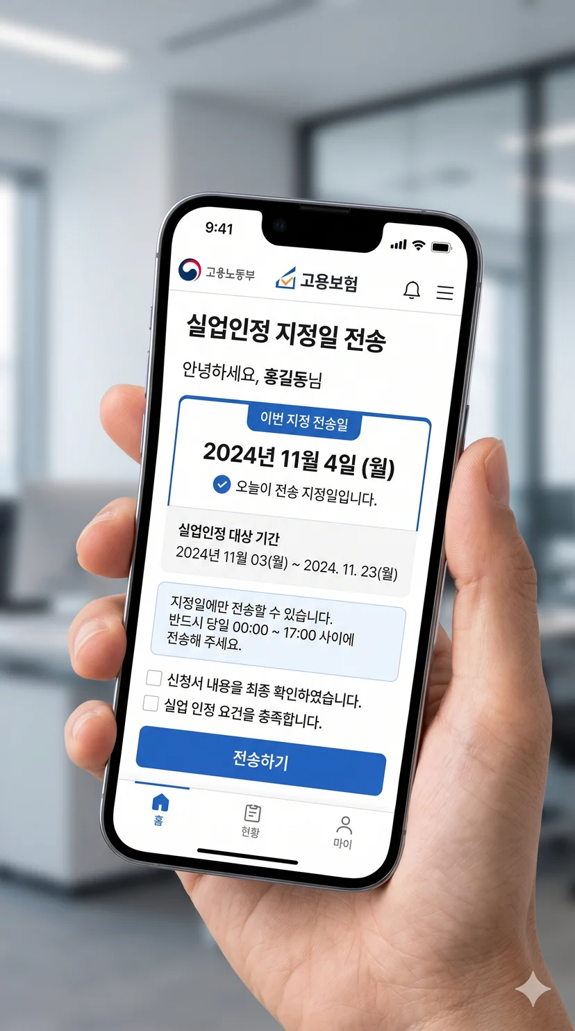 고용노동부 실업인정 지정일 모바일 전송 화면 예시