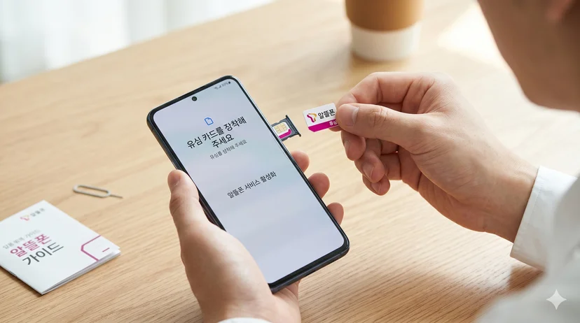 스마트폰 화면에 알뜰폰 유심 카드를 장착하고 있는 손의 모습
