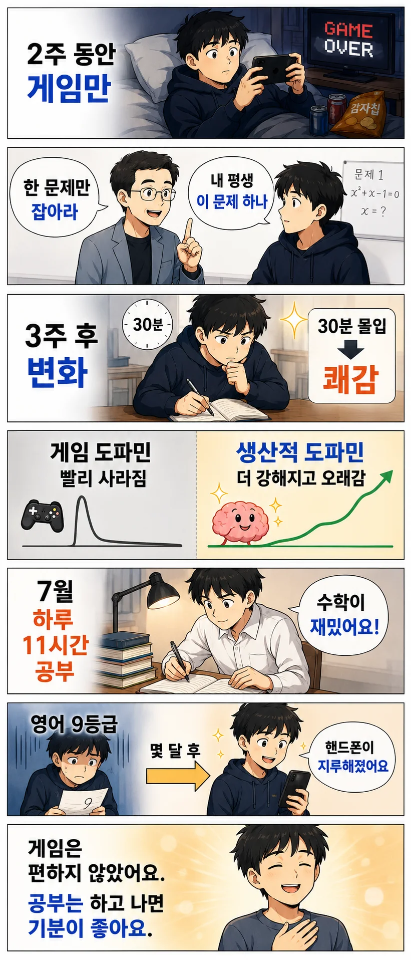 게임만 하던 재수생이 황농문 교수의 몰입 학습법을 실천하며 한 문제에 깊이 몰입하고, 30분 이상 생각해 문제를 푸는 쾌감을 경험한 뒤 수학과 영어 공부에 흥미를 느끼게 되는 과정을 세로형 만화로 표현한 이미지. 게임 도파민과 생산적 도파민의 차이, 하루 11시간 공부, 영어 9등급에서 핸드폰이 지루해졌다고 느끼는 변화가 단계별로 담겨 있다.