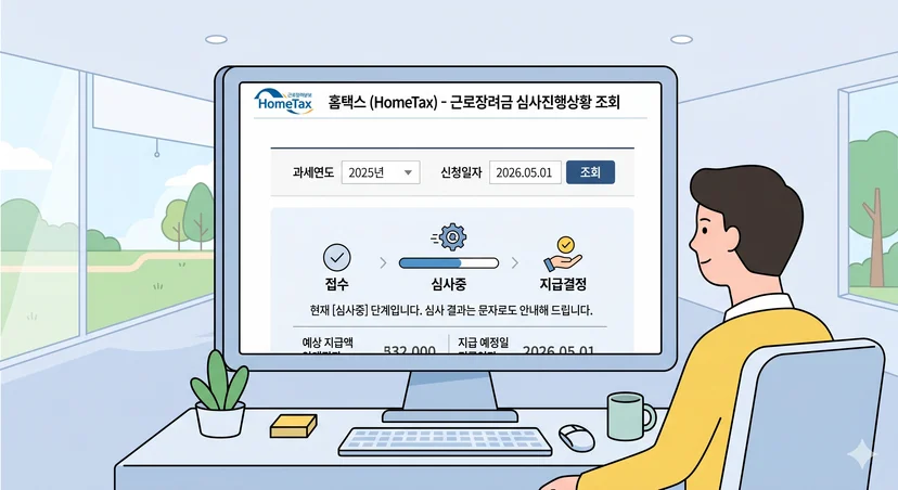 홈택스에서 근로장려금 심사진행상황을 조회하는 화면 예시