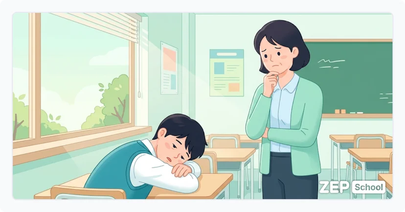 6월 교실에서 집중력이 떨어져 책상에 엎드린 학생과 이를 바라보며 고민하는 선생님 일러스트