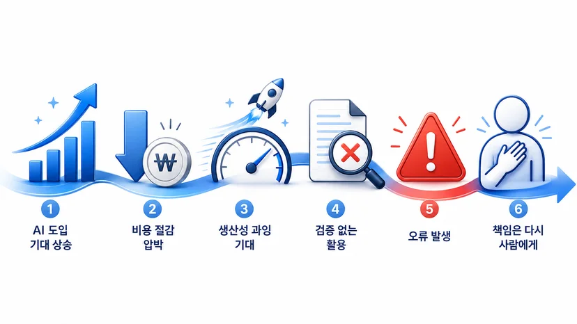 도입 기대가 비용 절감 압박과 검증 없는 활용로 이어지고 결국 오류와 책임 문제로 연결되는 흐름도