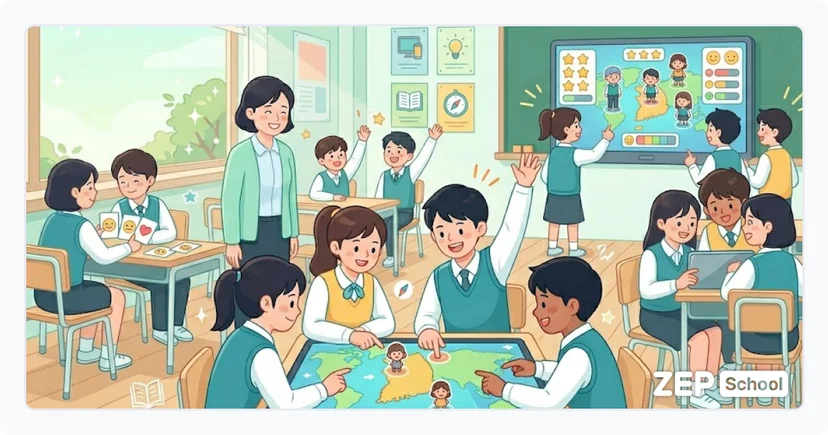 참여형 수업 활동으로 활기를 되찾은 교실에서 맵 탐험·모둠 협력·학급 퀴즈·감정 나누기에 참여하는 학생들과 선생님 일러스트