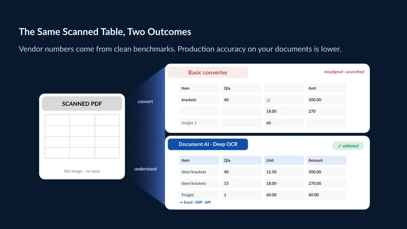 A scanned PDF table flowing two ways — a basic converter producing misaligned, broken cells, versus a document AI path producing a clean structured table with validated fields ready for Excel or an ERP