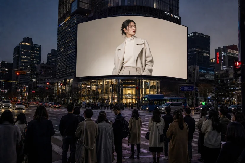 횡단보도 앞 보행자와 차량이 한글 광고가 나오는 대형 LED 전광판을 바라보는 옥외광고 효과 사진