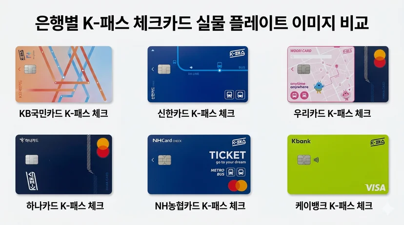은행별 K-패스 체크카드 실물 플레이트 이미지 비교
